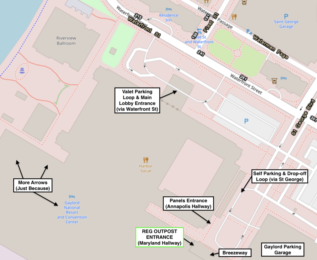 An overhead map of the Gaylord showing the valet parking loop, self-parking loop, and Reg Outpost Entrance near the Maryland Ballroom, which is located at the end of the self-parking loop.