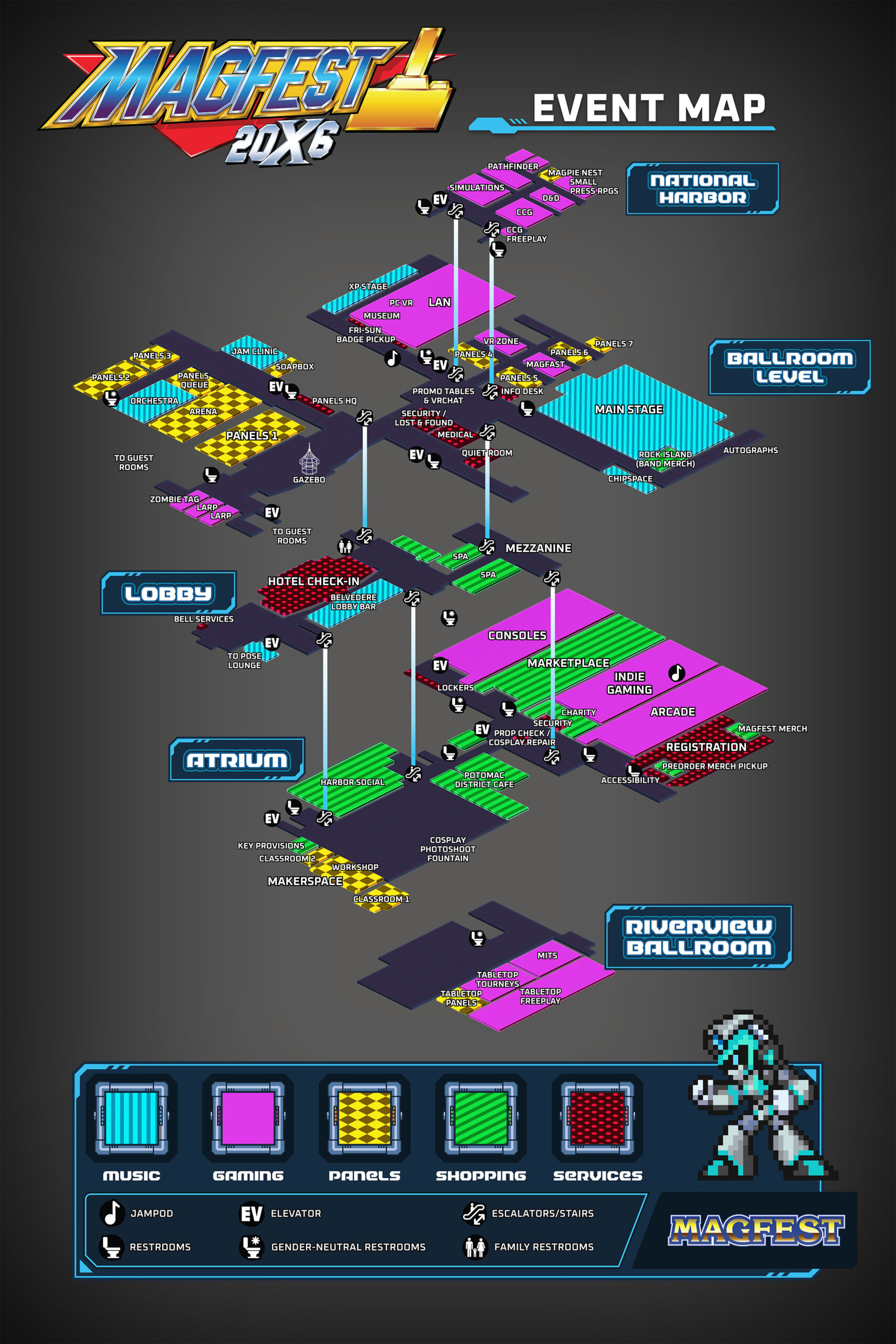 Super MAGFest 20X6 Themed Map with color and texture coded room names based on event/content/service type